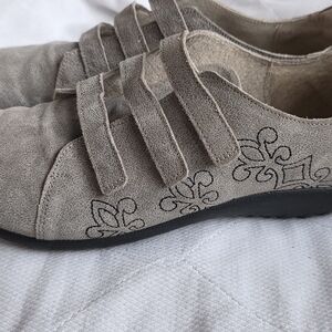 Naot Gray Moccasins with Black Embroidery